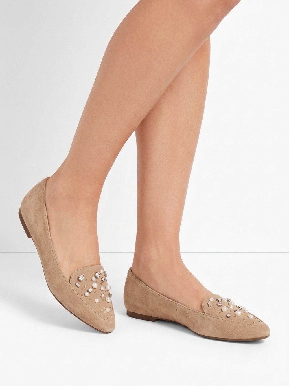 Talbots Women's Shoes Tan Suede Leather Pointed Toe Jewelled Loafers Sz 6.5 M
